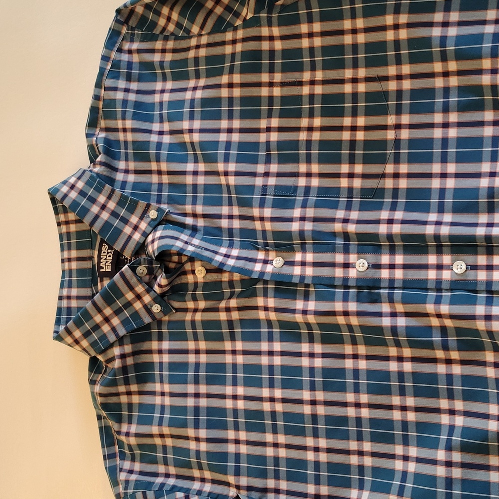 Land's End Shirt Size L Plaid Button Down Long Sleeve Cotton Office Casual Green - Picture 13 of 13